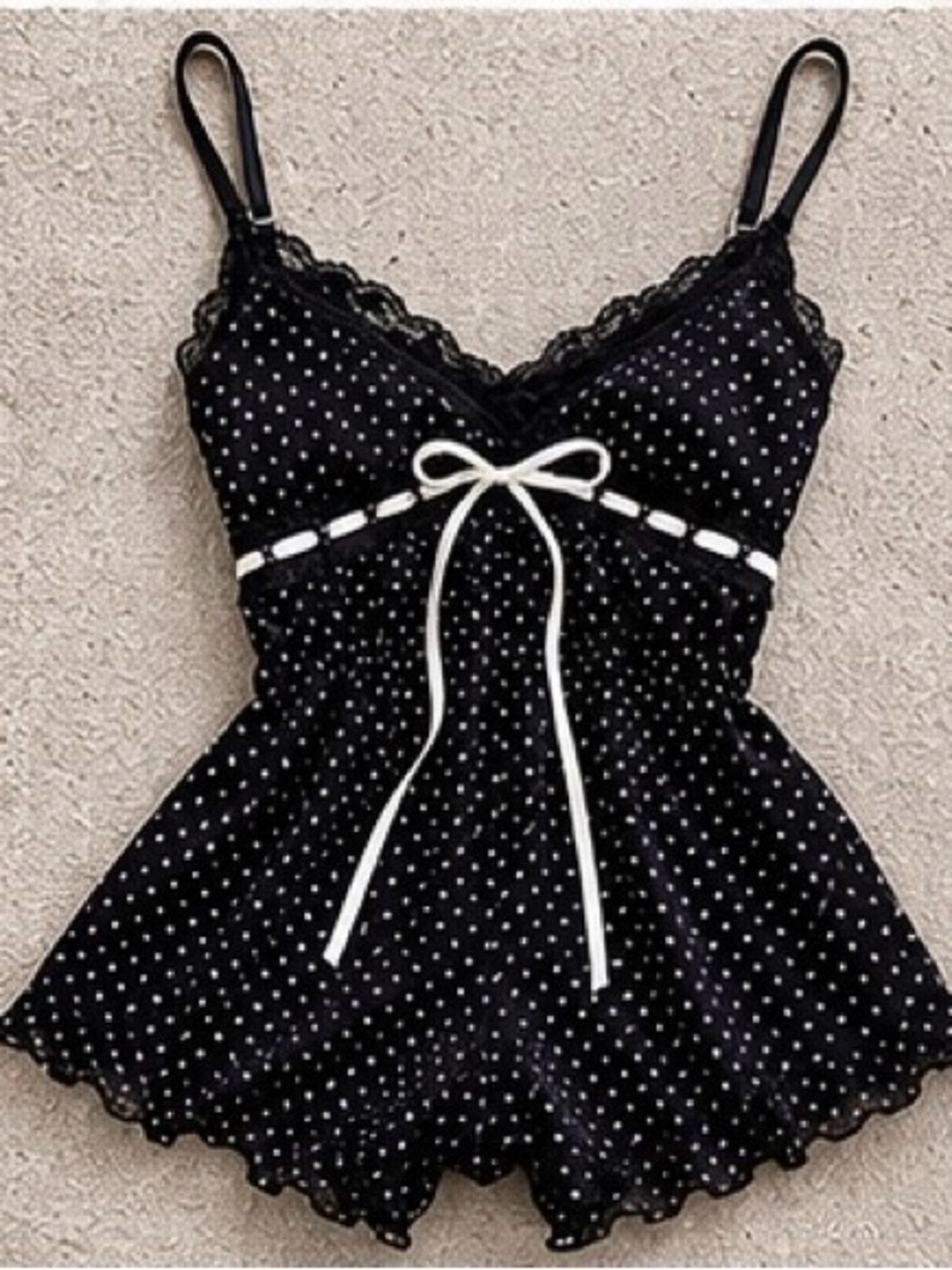 Black Polka Dot Lace-Trim Cami Top with white Bow